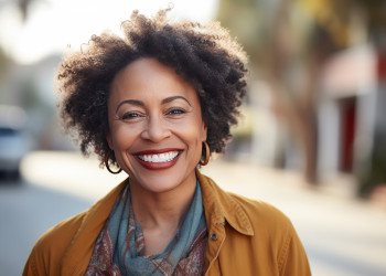 Older woman wearing jacket and smiling with dental implants