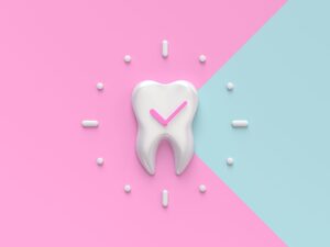 An illustrated clock with a tooth at its center on a pink and blue background